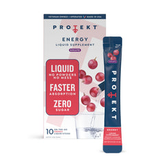 Protekt zero sugar energy drink pack front featuring keto-friendly boost for steady daytime focus.