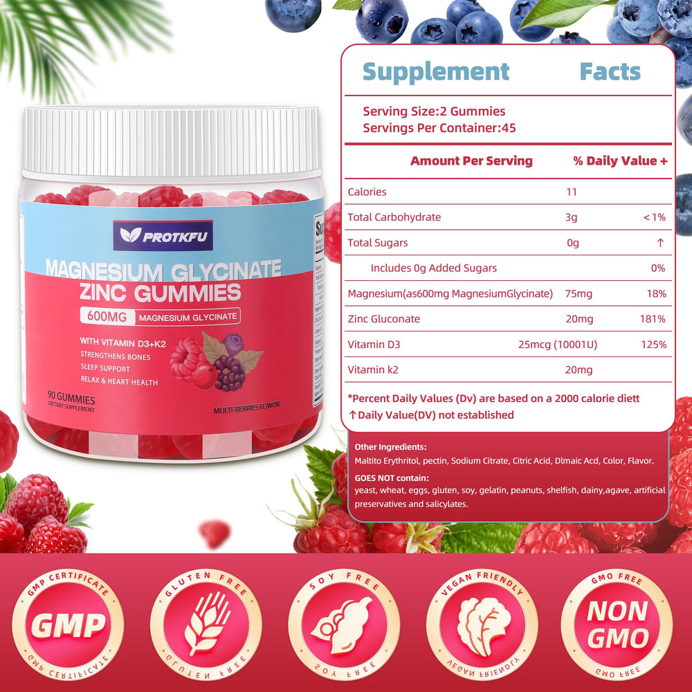 Close-up of gummies showing 600mg magnesium glycinate and 20mg zinc per gummy