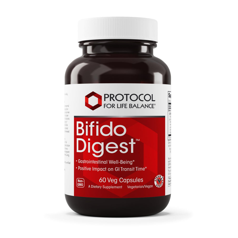Front view of Protocol For Life Balance Bifido Digest bottle on white background