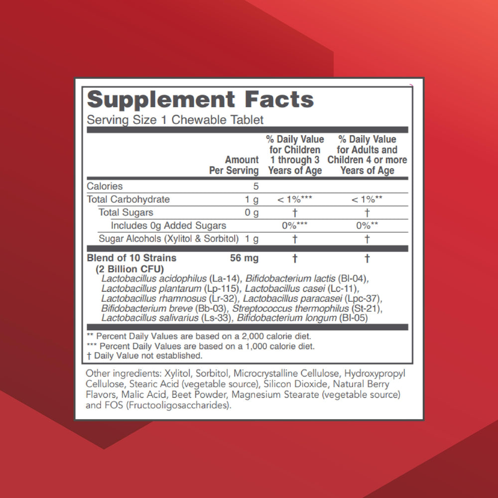 Close-up of label highlighting 2 Billion CFU per chewable