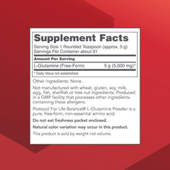 Back of Protocol for Life Balance L-Glutamine powder 1 lb container