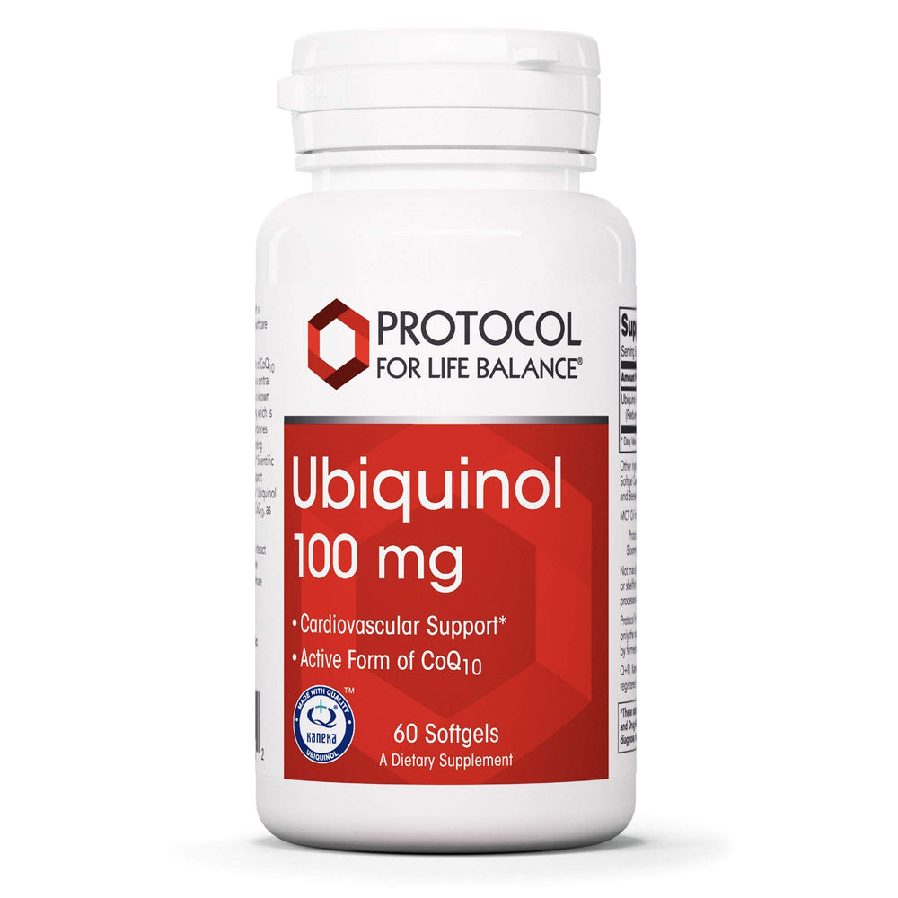 Front bottle of Protocol For Life Balance Ubiquinol 100 mg – 60 softgels