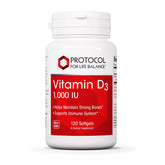 Bottle of Protocol For Life Balance Vitamin D3 1000 IU softgels