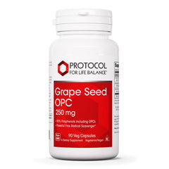 Label for Protocol Grape Seed OPC 250mg bottle showing 90% polyphenols