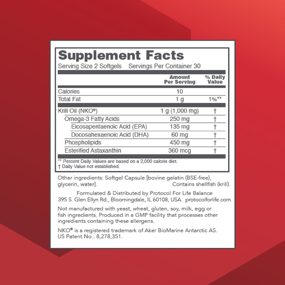Bottle and packaging of Protocol for Life Balance Krill Oil 1000mg 60 softgels