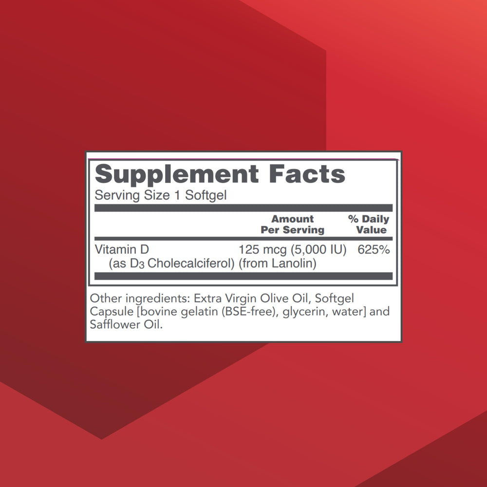 Close-up of Vitamin D3 5000 IU 125 mcg for calcium absorption
