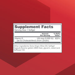 Close-up of Vitamin D3 5000 IU 125 mcg for calcium absorption