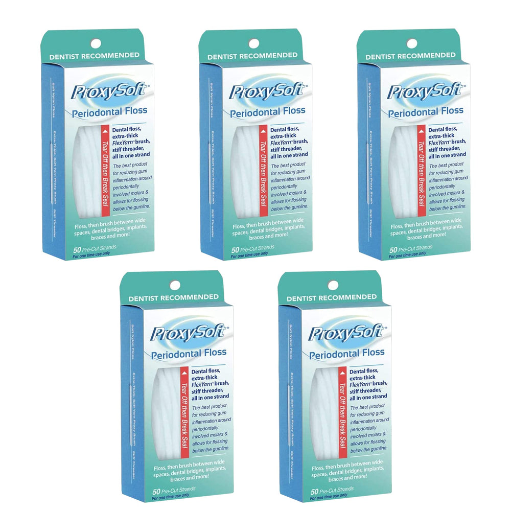 ProxySoft Periodontal Floss 5-pack box with 50 pre-cut strands per pack