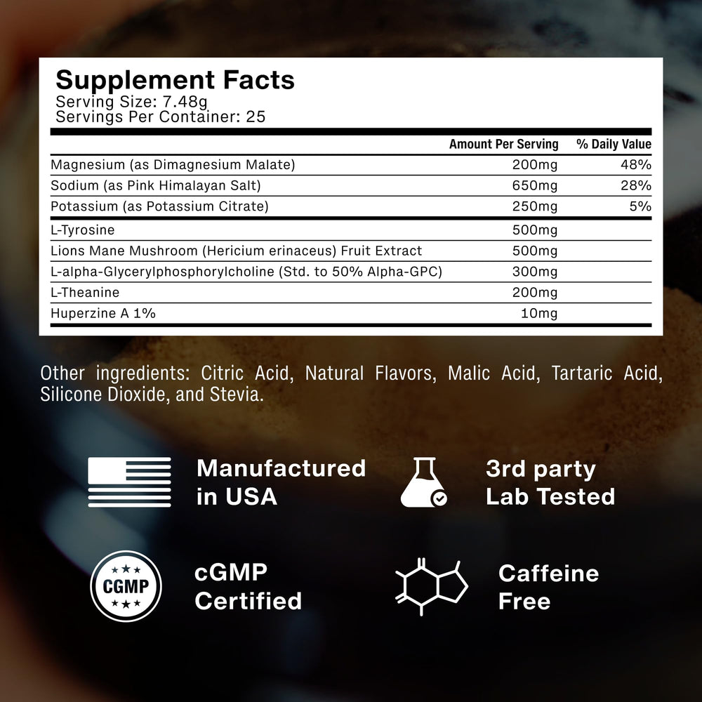 Ingredients panel showing Lion's Mane, Alpha GPC and L-Tyrosine