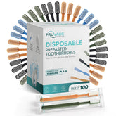 Front view of PRUVADE 100-pack prepasted disposable toothbrushes