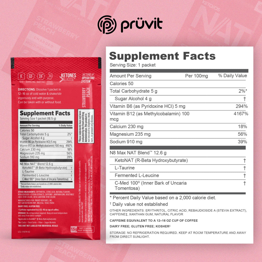 PRÜVIT Keto//OS NAT Strawberry Peach mix glass-mix highlights refreshing flavor and clean fuel.