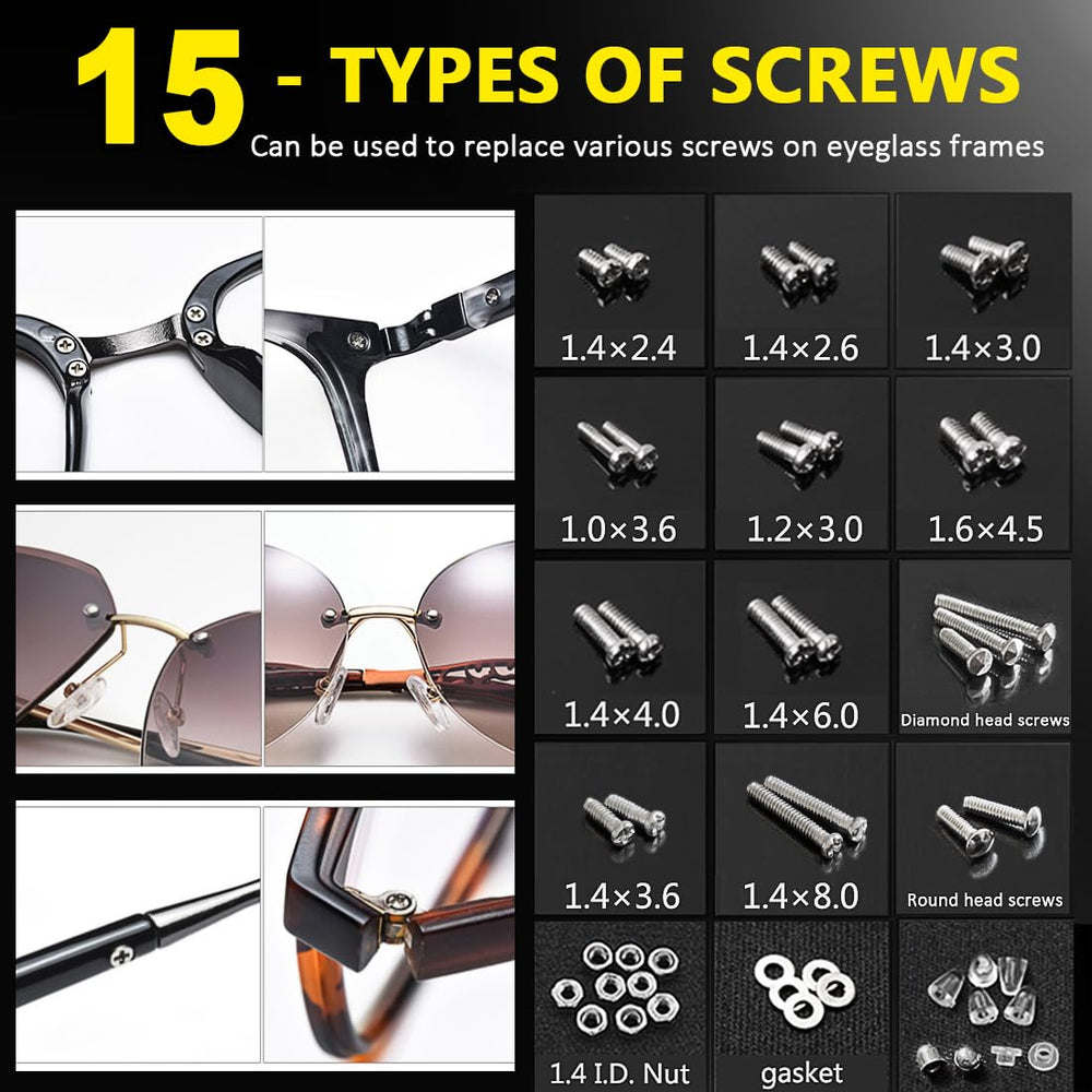 Kit tools: screwdriver, tweezers, and cleaning cloth for eyeglasses