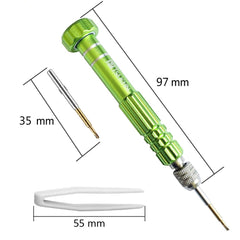 Compact at-home eyewear repair tool set in green