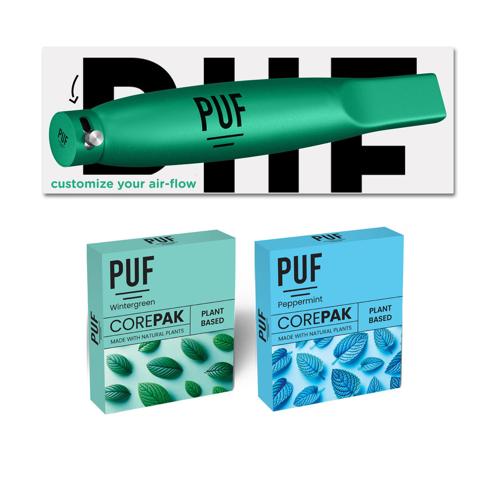 PUF Emerald Edition multi-flavor pack hero image showing Wintergreen and Peppermint cores