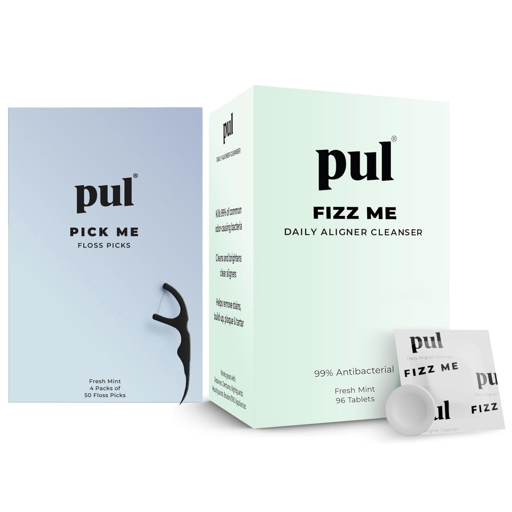 PUL Dental Care Bundle box with 96 cleaner tablets and 200 mint floss picks