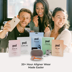 Lifestyle shot showing clean teeth and travel-ready dental care kit