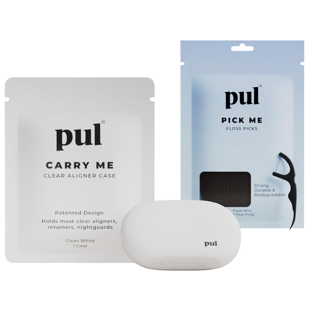 PUL Dental Care Bundle with 50 mint floss picks and a white aligner case for Invisalign, retainers, mouth guards, and night guards.