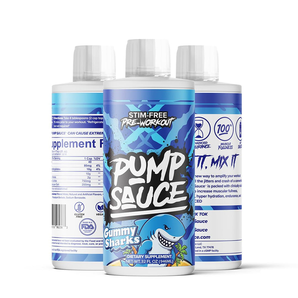 Pump Sauce bottle side view showing size and label.