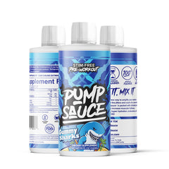 Pump Sauce bottle side view showing size and label.