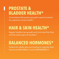Graphic illustrating health benefits: hair, prostate, and hormone support from pumpkin seed oil