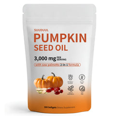 Pumpkin seed oil capsules bottle on white background