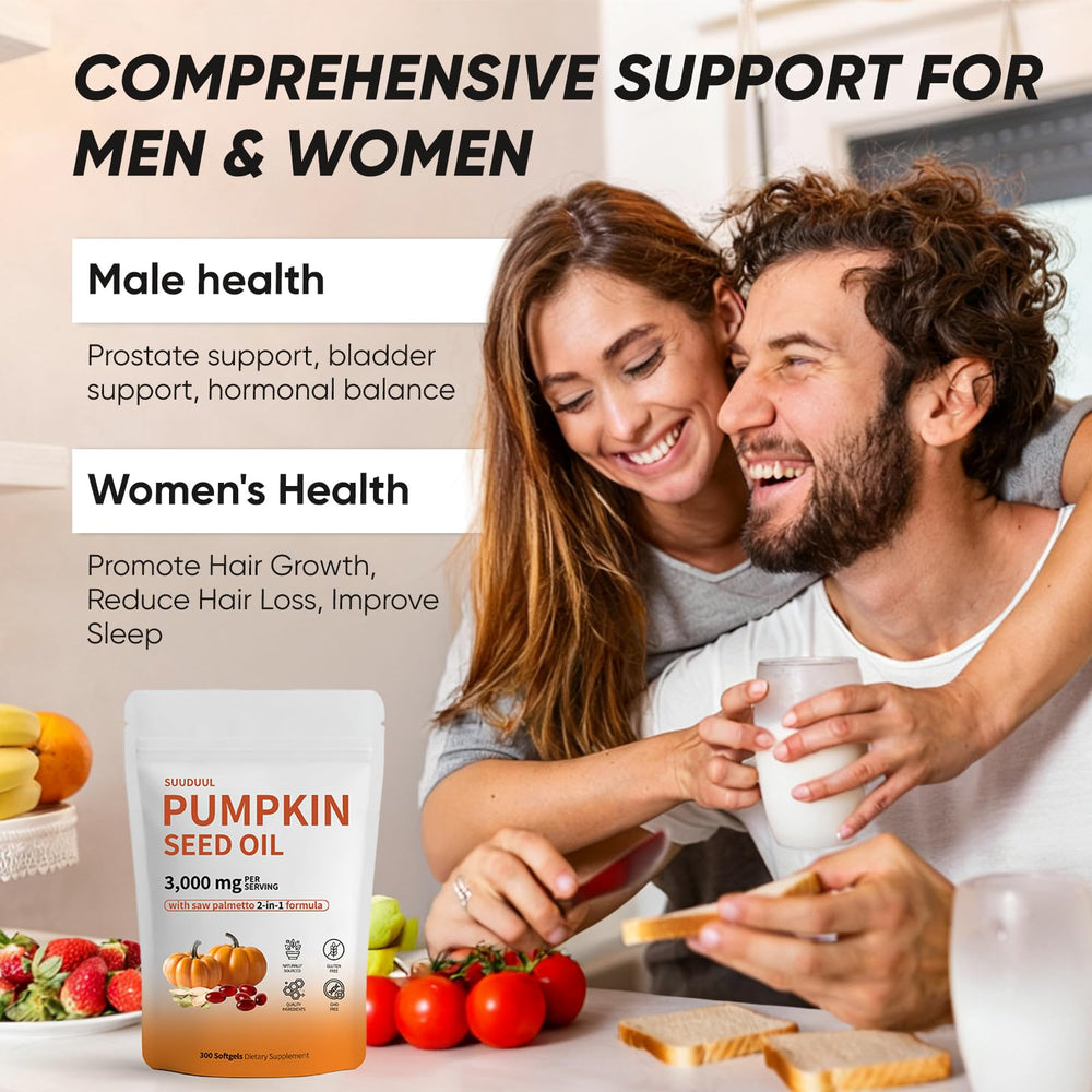 Complete bottle of pumpkin seed oil capsules with 300 softgels