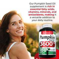 Close-up of pumpkin seed oil concentrate bottle showing 3600 mg