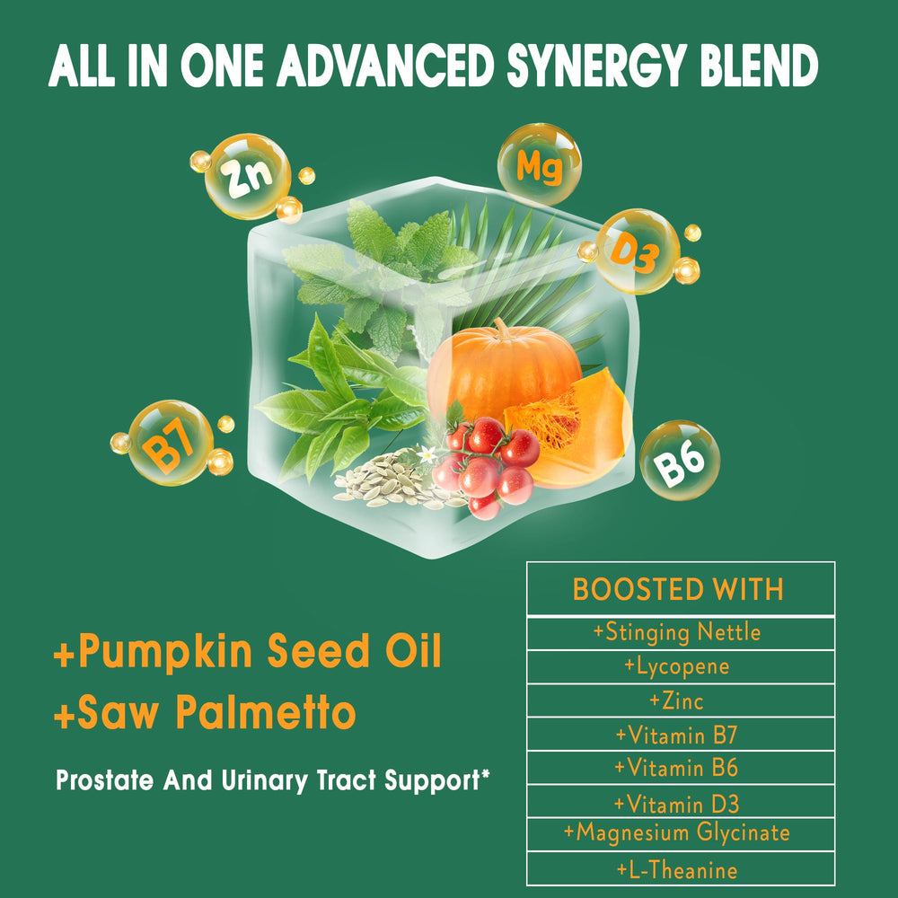 Illustration of ingredients: pumpkin seed oil, zinc, and lycopene