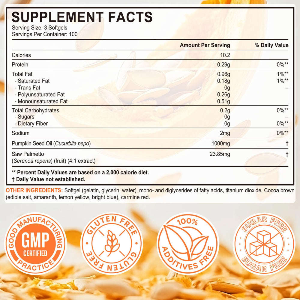 Saw palmetto and pumpkin seed oil capsules with product label