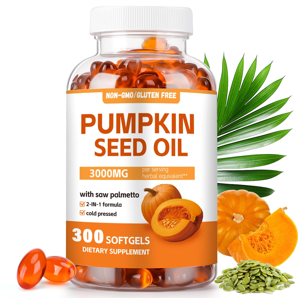 Bottle of 3000 mg Organic Pumpkin Seed Oil with Saw Palmetto Softgels