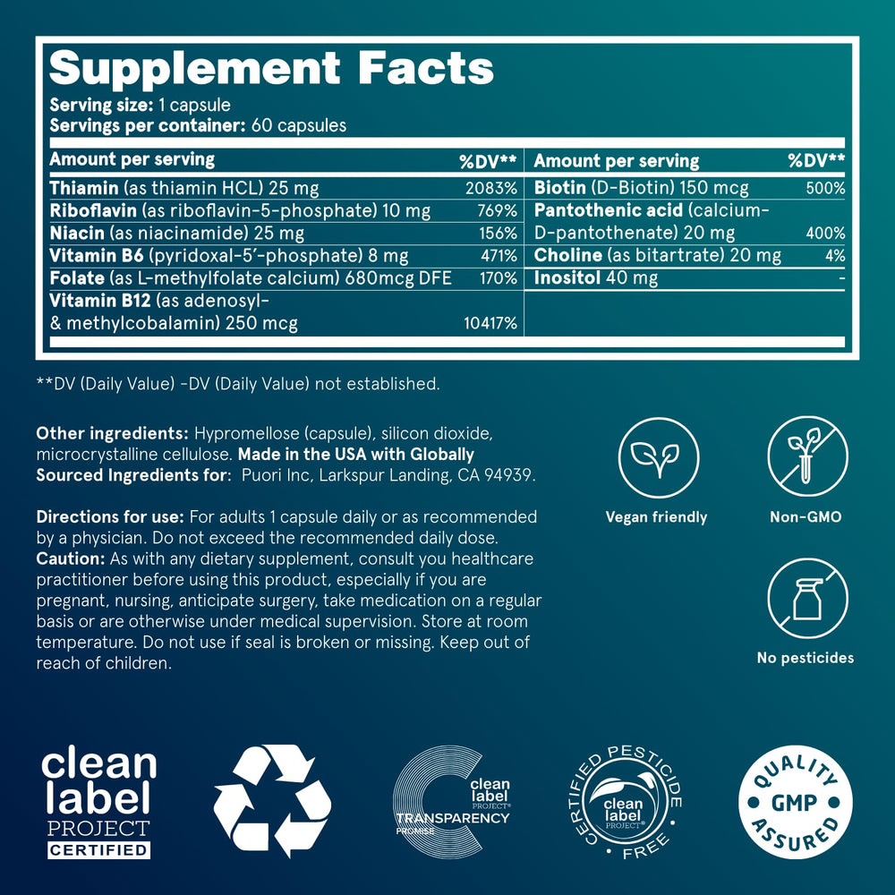 Puori supplement facts label close-up highlighting methylated B9 and B12 for transparency