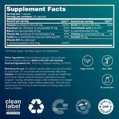 Puori supplement facts label close-up highlighting methylated B9 and B12 for transparency
