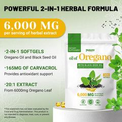 Close-up of Puouoo 2-in-1 oregano oil capsules bottle