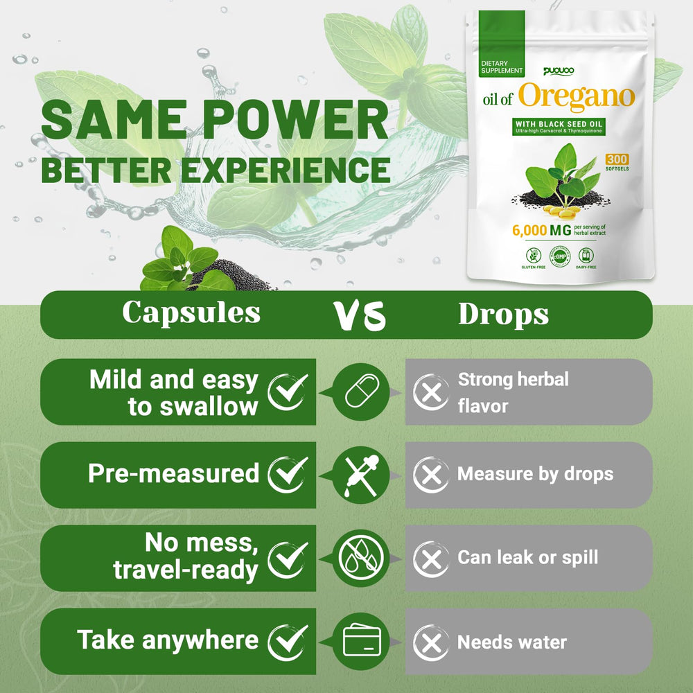Graphic illustrating immune and digestive support from oregano and black seed oil