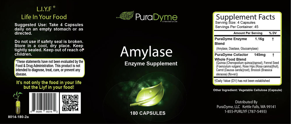 PuraDyme Amylase 180 Capsules bottle back label with supplement facts