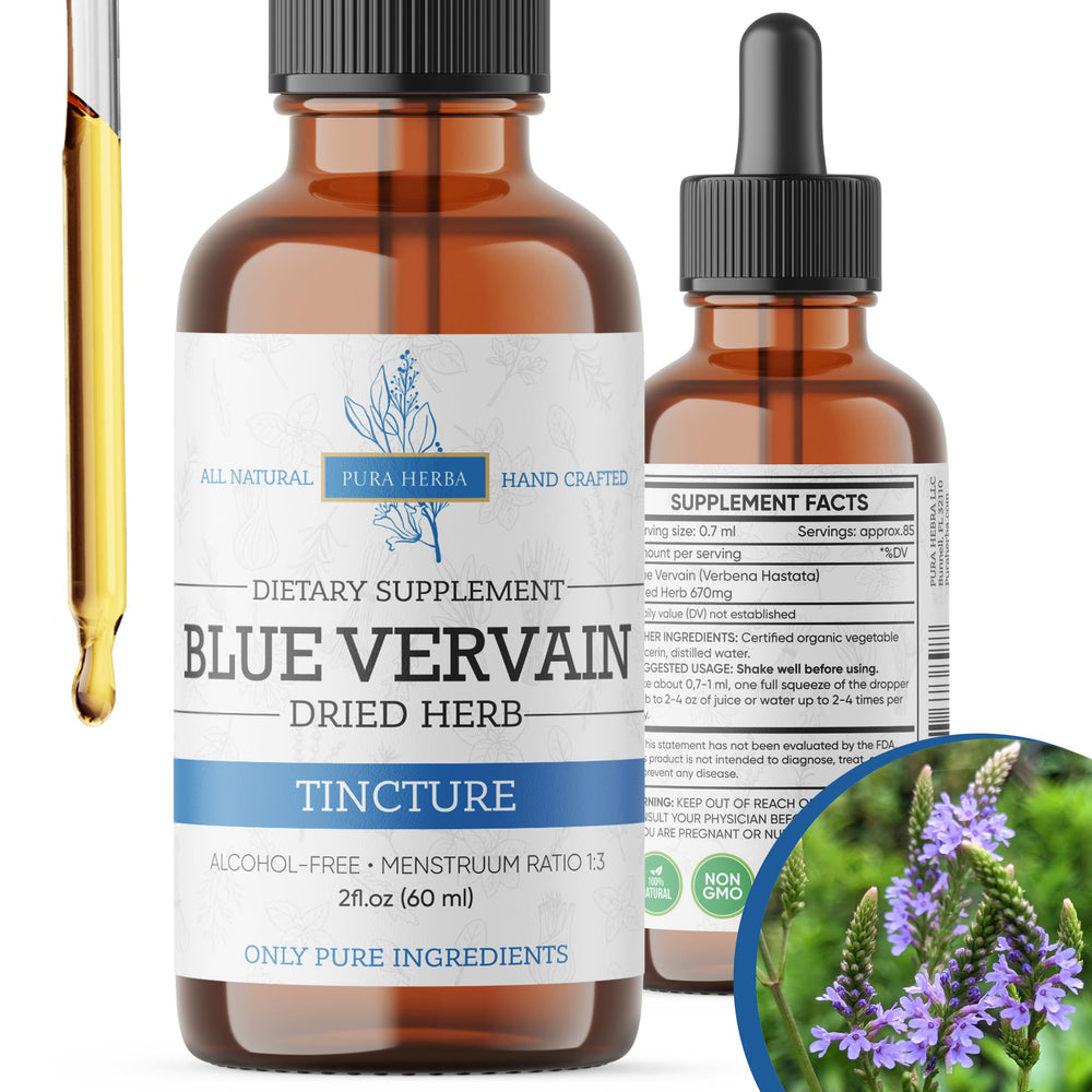 Pura Herba Blue Vervain organic tincture bottle with dropper