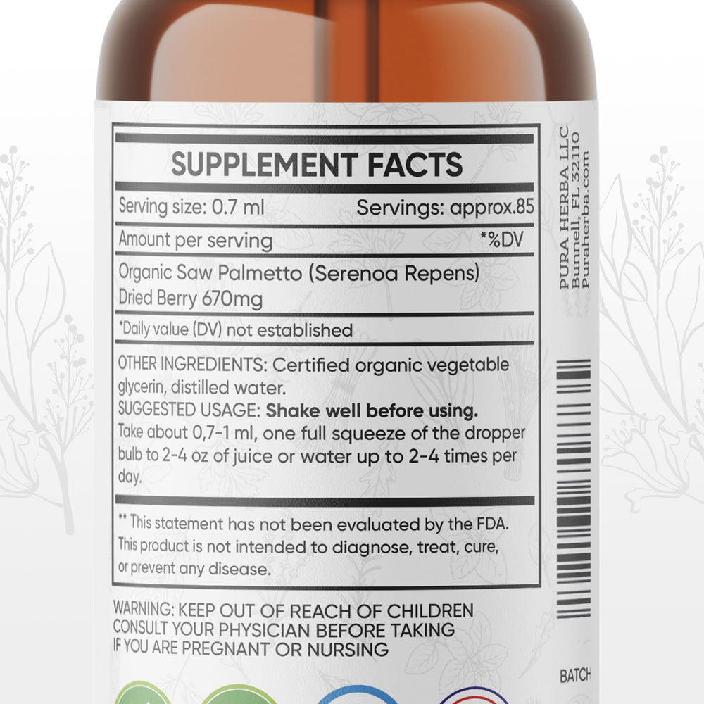 Pura Herba Saw Palmetto Tincture 4 oz bottle side view