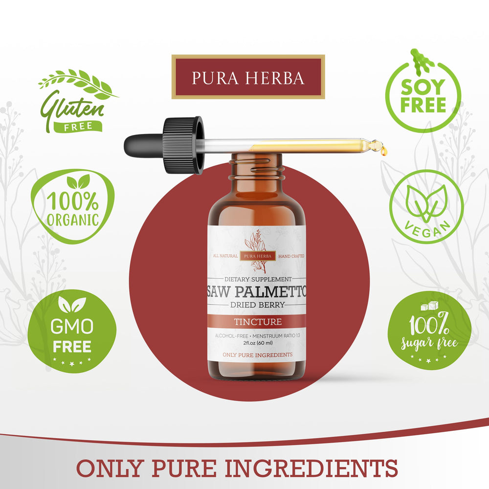 Pura Herba Saw Palmetto Tincture bottle with drops
