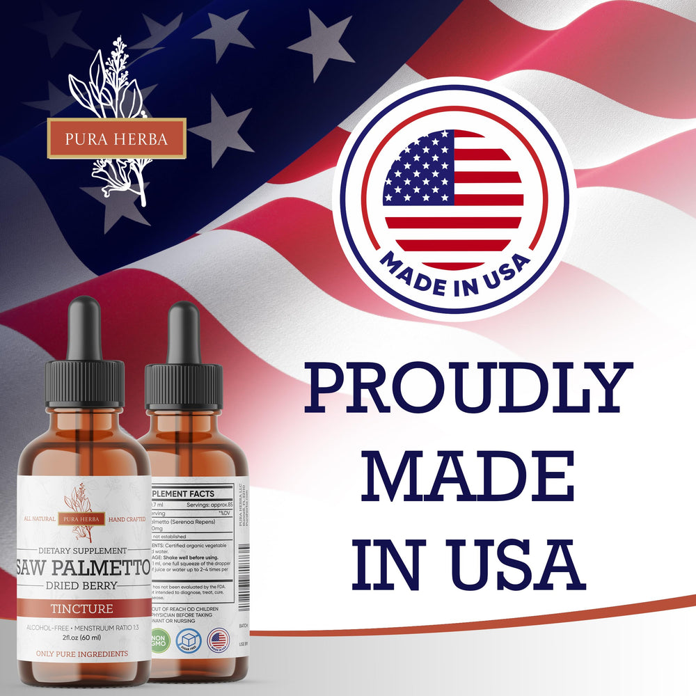 Label on Pura Herba Saw Palmetto Tincture showing Made in USA