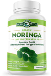 Pura Vida Moringa capsules bottle on white background