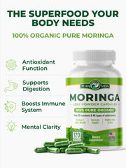 Pura Vida Moringa organic label confirms certified quality.