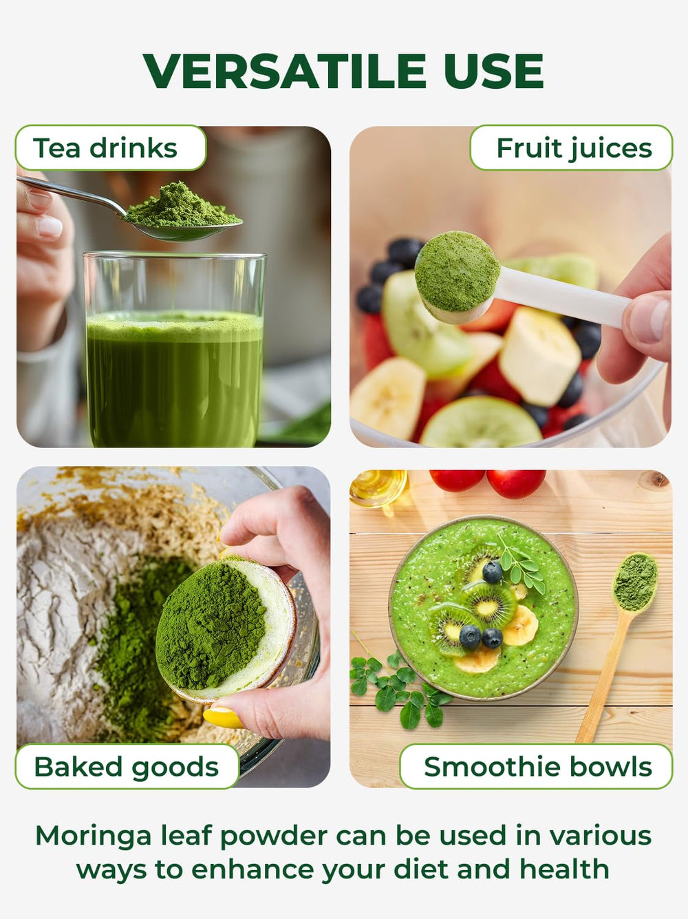 PURA VIDA Moringa powder used in smoothies, baking, and tea