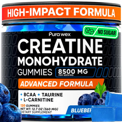 PURA WEX Creatine Monohydrate Gummies Blueberry flavor 120 count front packaging