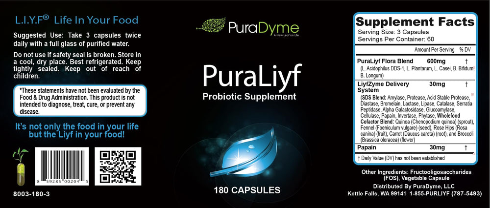 Close-up of PuraDyme PuraLiyf probiotic capsules showcasing multi-strain blend