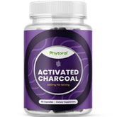 Bottle of Pure Activated Charcoal pills for detox and bloating relief