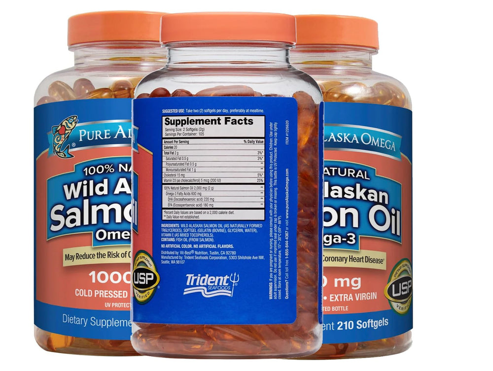 Bottle of Pure Alaskan Omega Wild Salmon Oil 1000 mg on white background
