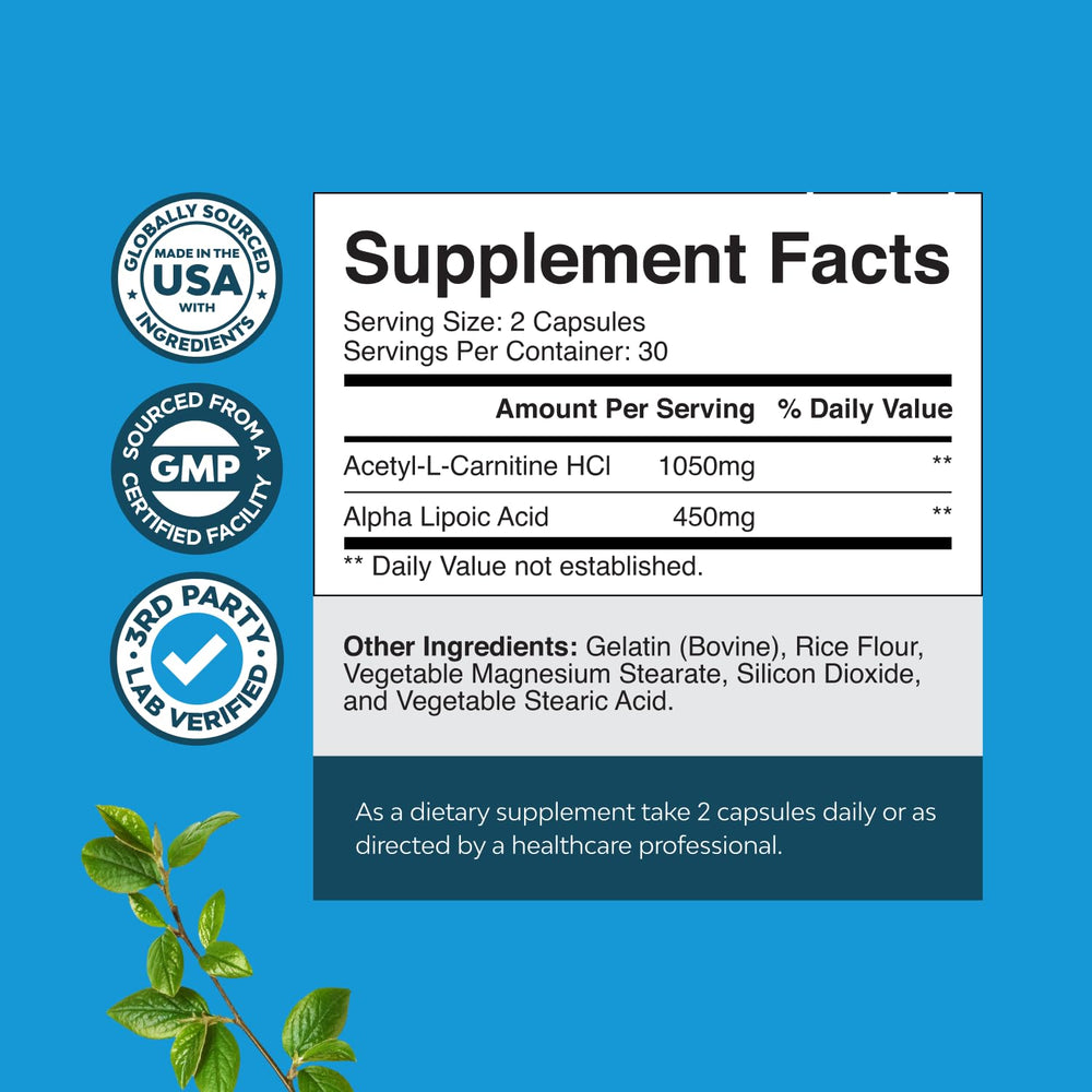Product packaging and label for Alpha Lipoic Acid and Acetyl L-Carnitine supplement