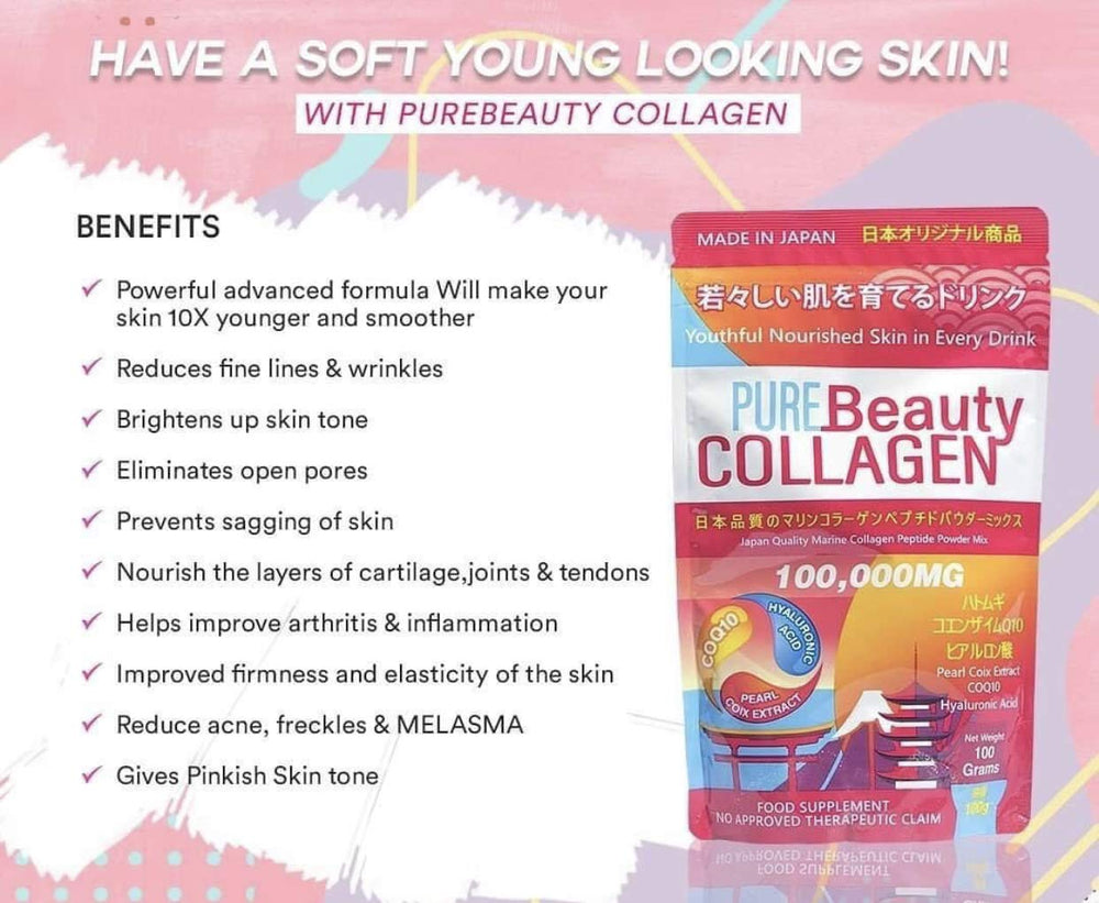 Product label showing key ingredients for Pure Beauty Collagen 100,000mg Marine Collagen Powder Mix