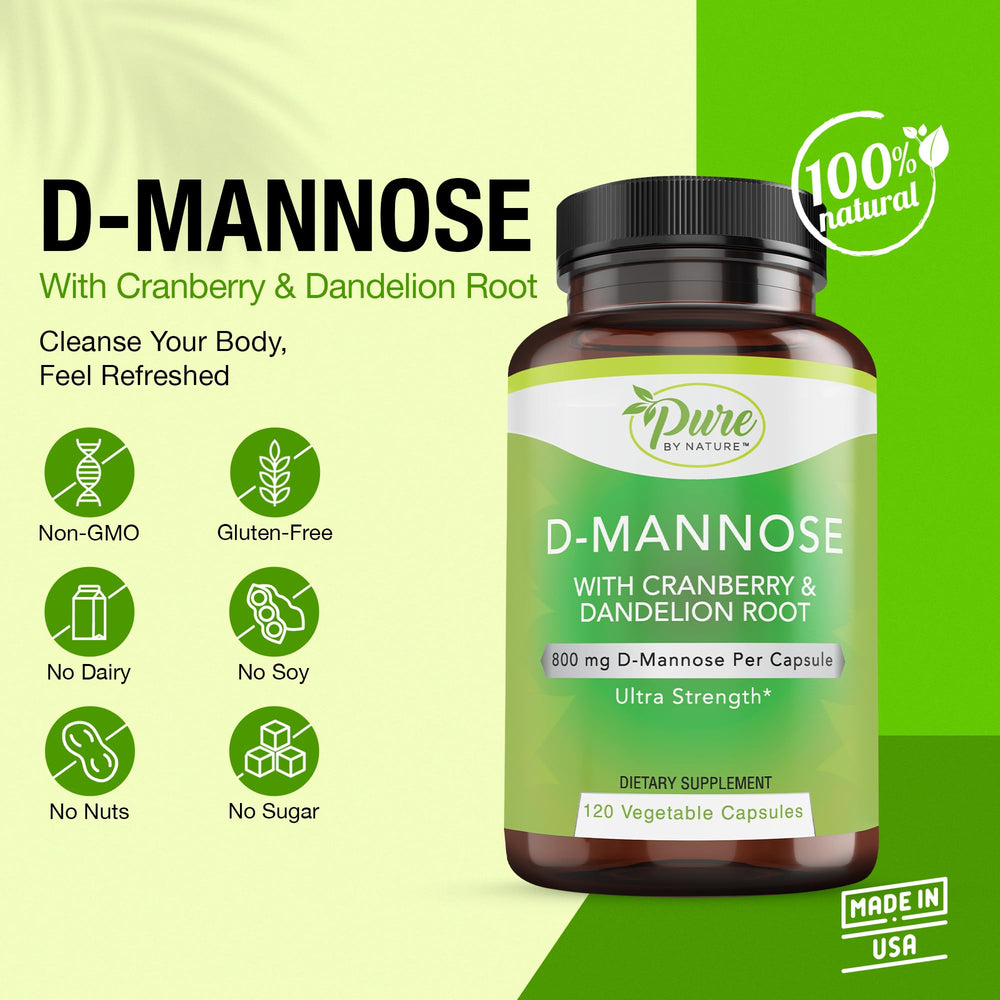 Close-up of 600 mg D-Mannose capsule with cranberry and dandelion extract