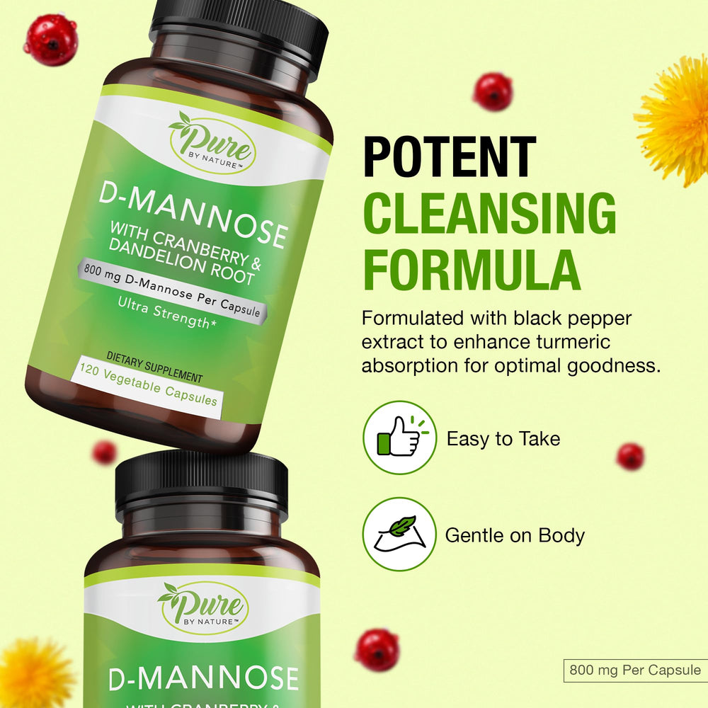 Cranberry juice powder and dandelion extract visuals on D-Mannose packaging